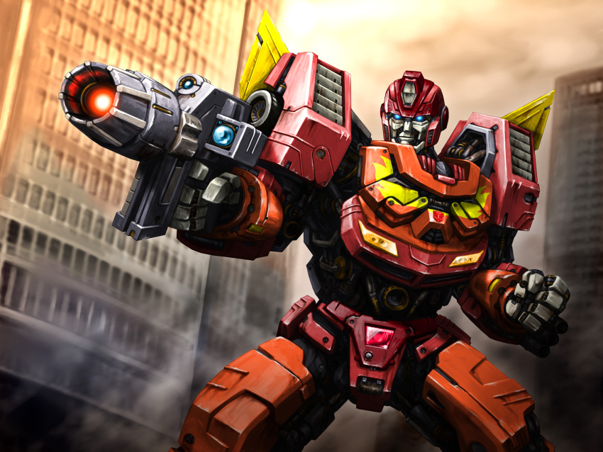 aniki_gunsou, autobot, building, city, clenched_hand, dust, fist, glowing