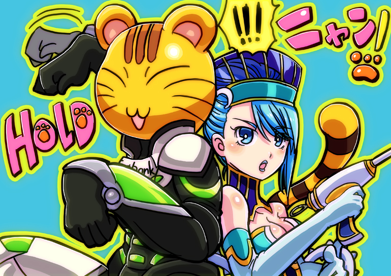 blue_eyes, blue_hair, blue_rose_(tiger_&amp;_bunny), breasts, cat, cleavage, earrings, elbow_gloves
