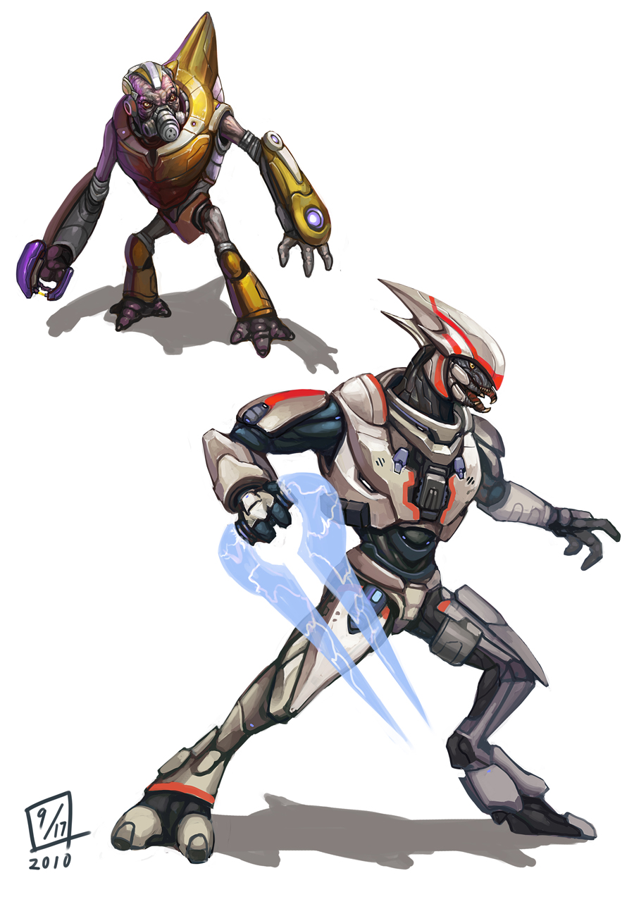 armor, elite, elite_(halo), energy_sword, gas_mask, grunt_(halo), halo_(game), highres, lieqi_hun, lqh, plasma_pistol, plasma_sword, realistic, ryouki_tamashii, science_fiction, sharp_teeth, simple_background, sword, weapon
