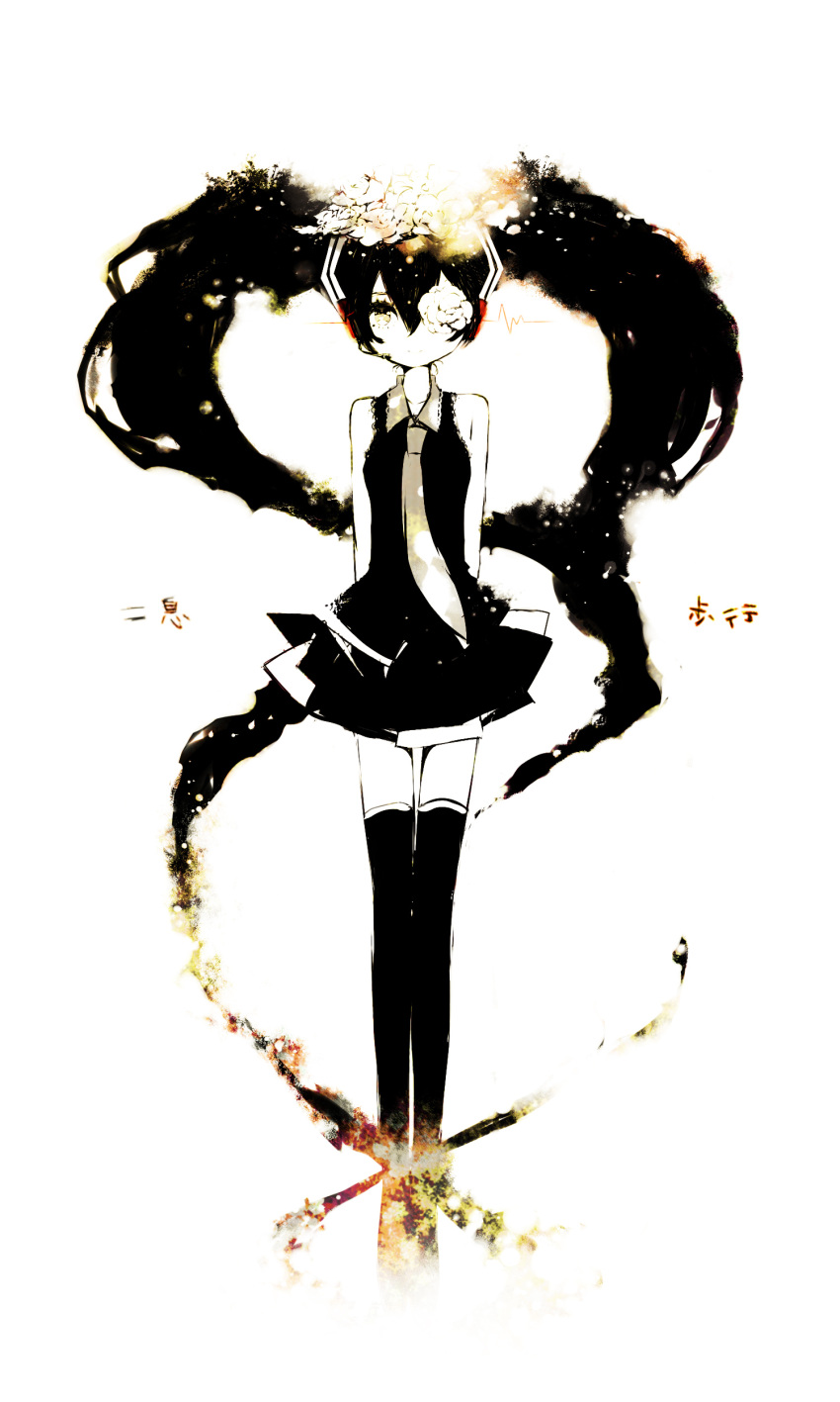 absurdres, black_hair, flower, hair_flower, hair_ornament, hatsune_miku, headset, highres, long_hair, momono, monochrome, necktie, nisoku_hokou_(vocaloid), pkbr, simple_background, skirt, solo, thigh-highs, thighhighs, twintails, very_long_hair, vocaloid