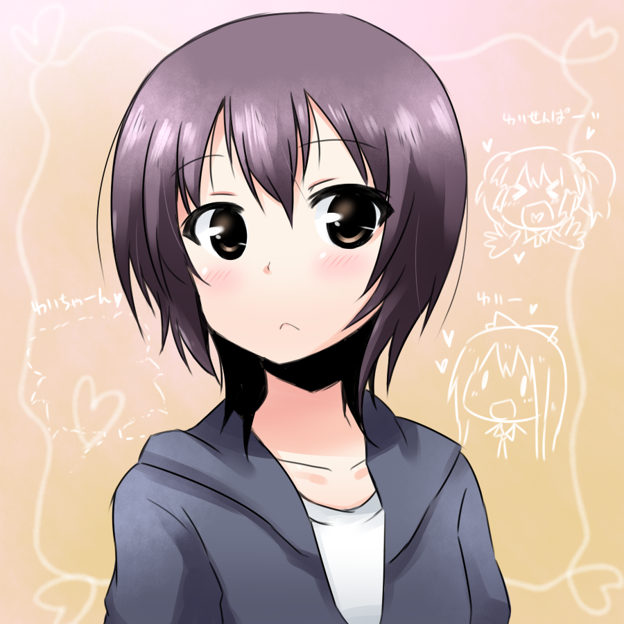 >_<, akaza_akari, black_hair, brown_eyes, bust, casual, chibi, chibi_inset, funami_yui, heart, hoodie, looking_at_viewer, short_hair, short_twintails, solo, tamane, toshinou_kyouko, twintails, yoshikawa_chinatsu, yuru_yuri