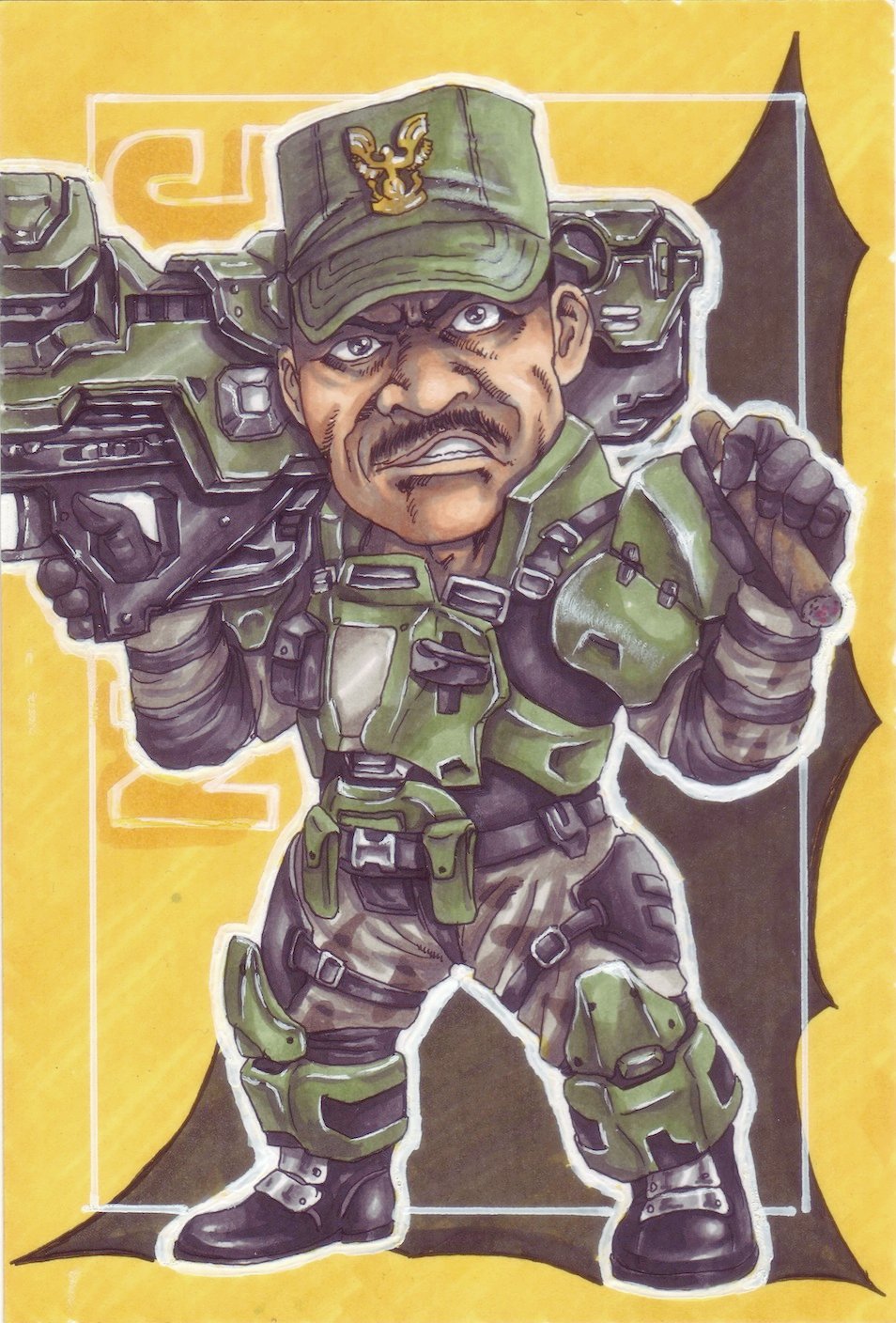 armor, boots, cigar, facial_hair, halo_(game), hanausagi3627, hat, highres