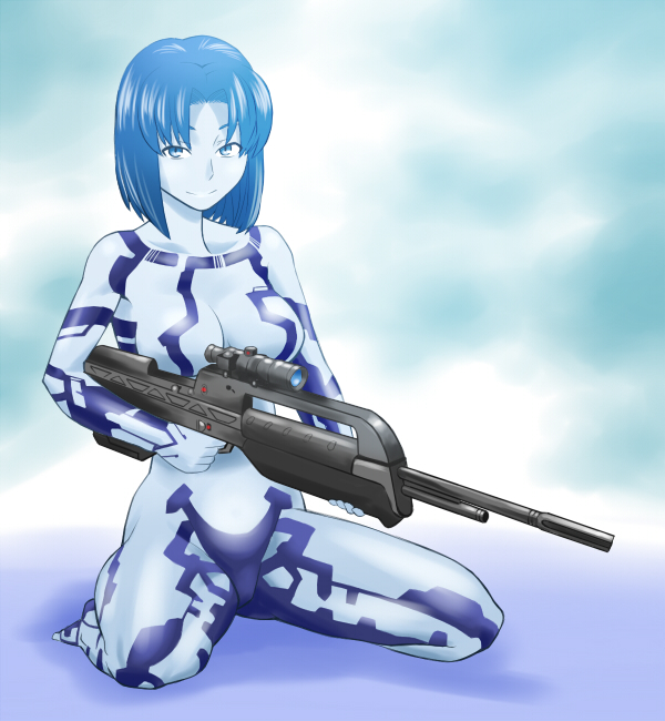 blue_eyes, blue_hair, censored, convenient_censoring, cortana, gun, halo_(game), nude