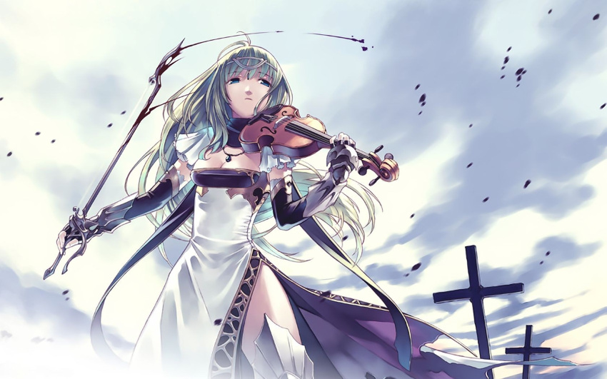 breasts, cleavage, cloud, copyright_request, cross, dress, green_hair, highres