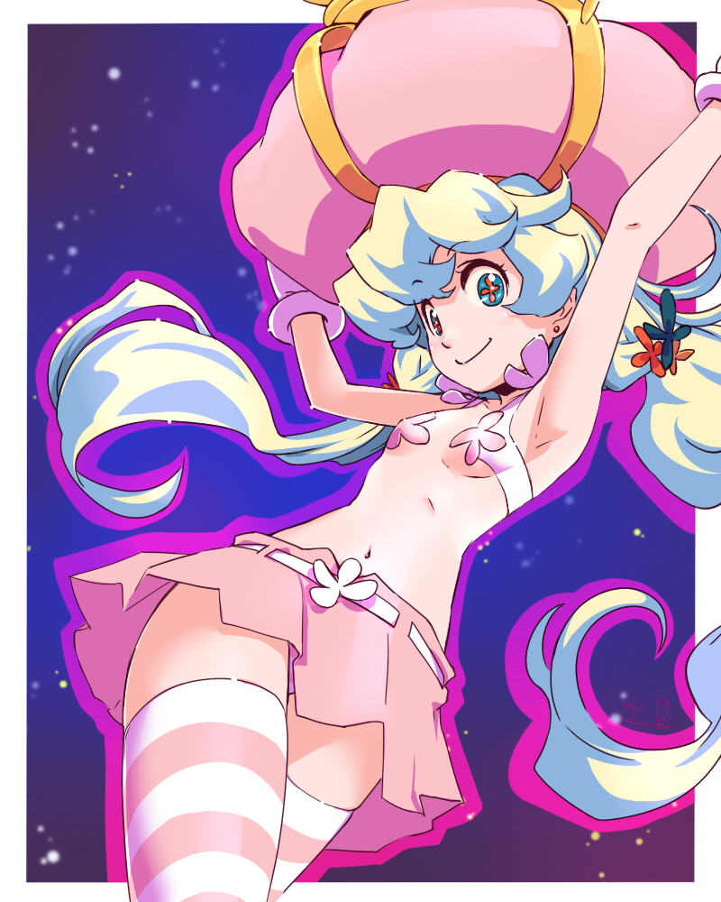 1girl, armpits, arms_up, earrings, hat, jewelry, long_hair, navel
