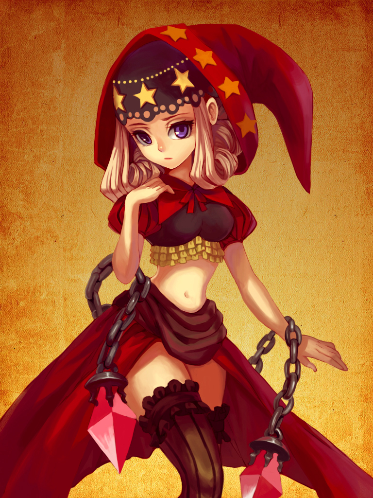 amg192003, blonde_hair, chain, chains, crystal, frills, hood, midriff, navel, odin_sphere, puffy_sleeves, purple_eyes, short_sleeves, solo, star, thigh-highs, thighhighs, velvet_(odin_sphere), vertical-striped_legwear, vertical_stripes, violet_eyes, yellow_background, zettai_ryouiki