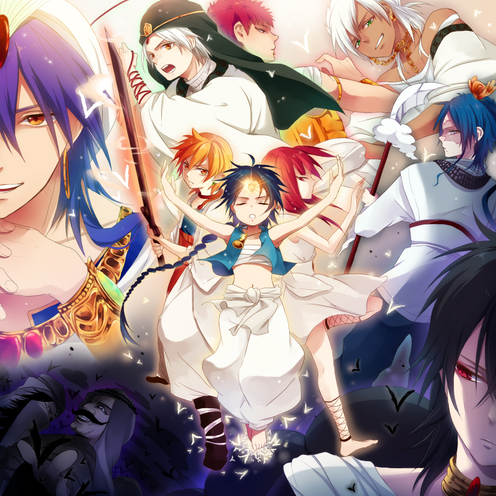 aladdin_(magi), ali_baba_saluja, barefoot, black_hair, blue_hair, braid, chi_yu, closed_eyes