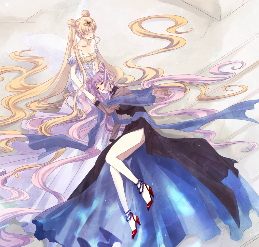 adult, age_difference, anklet, bad_id, bare_shoulders, bishoujo_senshi_sailor_moon, black_lady, blonde_hair, breasts, chibi_usa, cleavage, closed_eyes, double_bun, dress, eyes_closed, heart, high_heels, jewelry, kneeling, lap_pillow, legs, long_hair, long_legs, lying, mother_and_daughter, multiple_girls, neo_queen_serenity, pink_hair, princess_serenity, red_eyes, sabachon, shoes, side_slit, thighs, tiara, tsukino_usagi, twintails