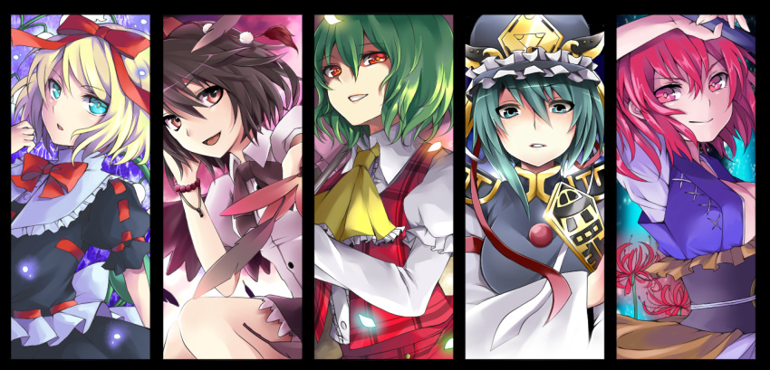 ascot, black_hair, blonde_hair, blue_eyes, bow, column_lineup, flower, frills