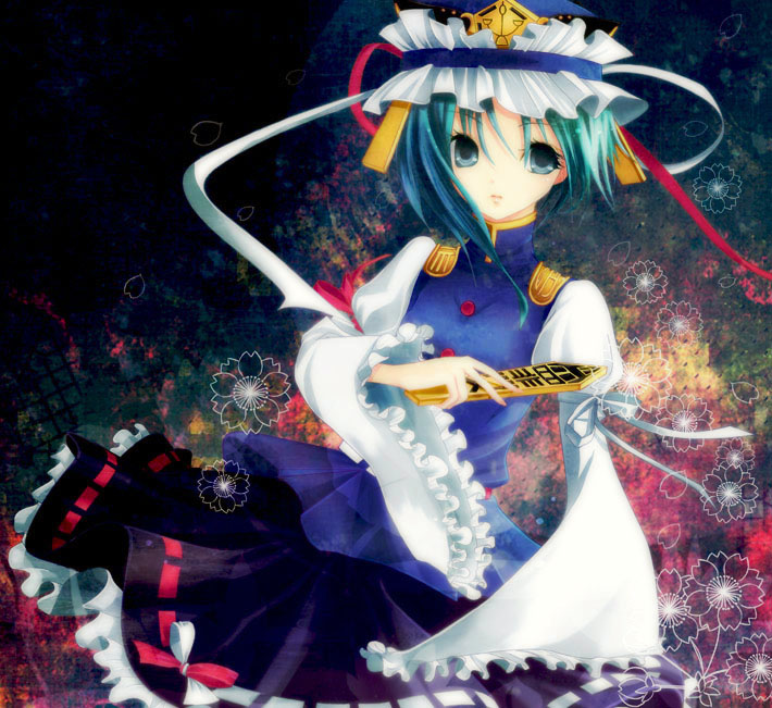 blue_eyes, flower, frills, green_hair, kinokobatake, ribbon, rod_of_remorse, shikieiki_yamaxanadu