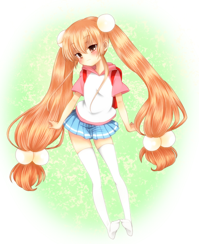 1girl, :3, backpack, bag, blonde_hair, blush, brown_eyes, brown_hair, child, hair_bobbles, hair_ornament, hoodie, kodomo_no_jikan, kokonoe_rin, long_hair, miniskirt, randoseru, skirt, smile, solo, thigh-highs, thighhighs, twintails, very_long_hair, white_legwear, you-1110