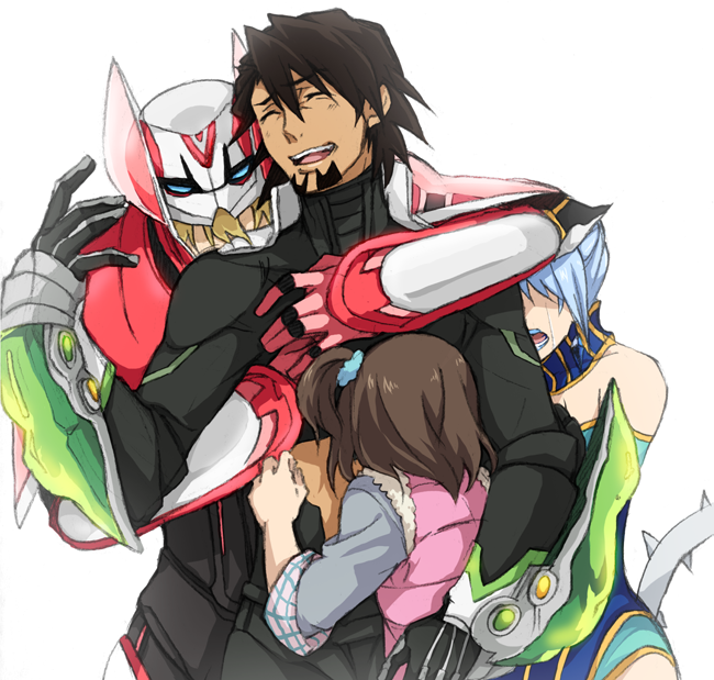 2boys, 2girls, ^_^, age_difference, bare_shoulders, barnaby_brooks_jr, blonde_hair, blue_hair