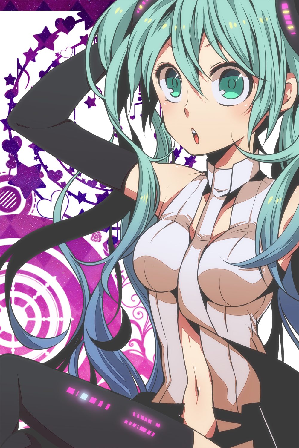 aqua_eyes, aqua_hair, arm_up, black_legwear, breasts, chonnbo, elbow_gloves, gloves, hatsune_miku, hatsune_miku_(append), highres, leg_up, legs, long_hair, miku_append, navel, necktie, open_mouth, solo, thighs, twintails, vocaloid, vocaloid_append