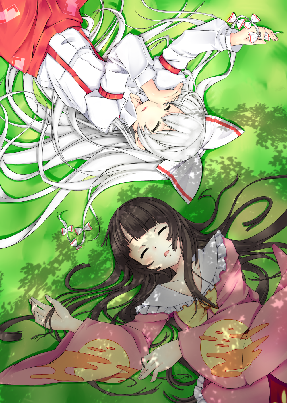bow, closed_eyes, dress, eyes_closed, fujiwara_no_mokou, godyuurei, hair_bow, highres