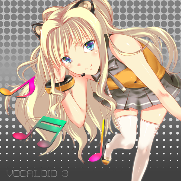 animal_ears, bare_shoulders, blonde_hair, blue_eyes, bow, bracelet, cat_ears, gmaou, headset, jewelry, long_hair, musical_note, seeu, shoes, skirt, smile, solo, star, star-shaped_pupils, symbol-shaped_pupils, thigh-highs, thighhighs, very_long_hair, vocaloid, white_legwear, zettai_ryouiki