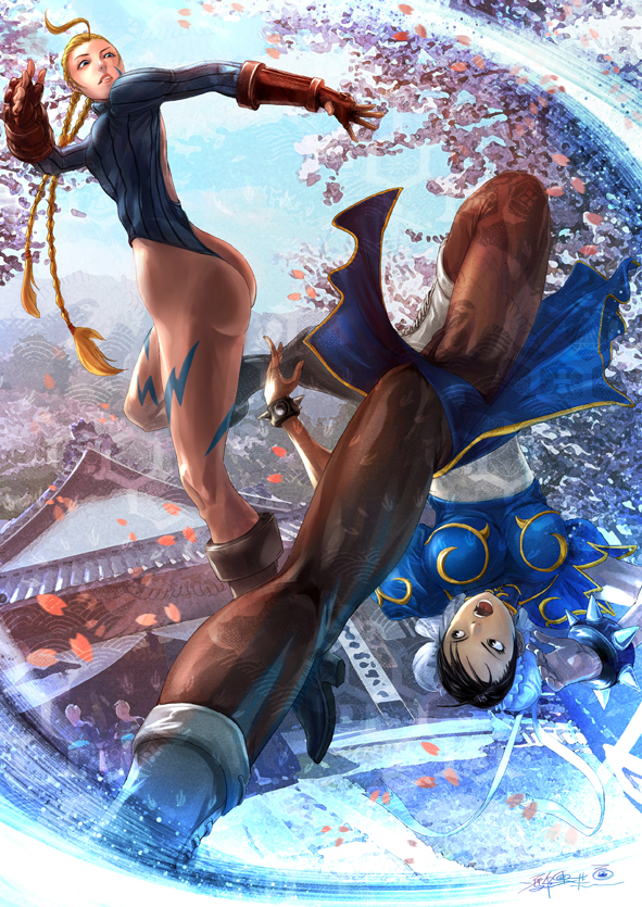 ass, bracelet, braid, breasts, brown_eyes, brown_hair, bun_cover, cammy_white, capcom, china_dress, chinese_clothes, chun-li, double_bun, fighting, fingerless_gloves, fung_kin_chew, gloves, jewelry, kicking, large_breasts, legs, leotard, long_legs, muscle, pantyhose, petals, realistic, spiked_bracelet, spikes, spinning_bird_kick, street_fighter, street_fighter_iv, thighs, thong_leotard, twin_braids
