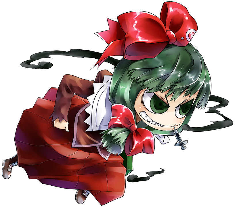 bow, front_ponytail, green_eyes, green_hair, hair_bow, hair_ornament, kagiyama_hina, kannazuki_hato