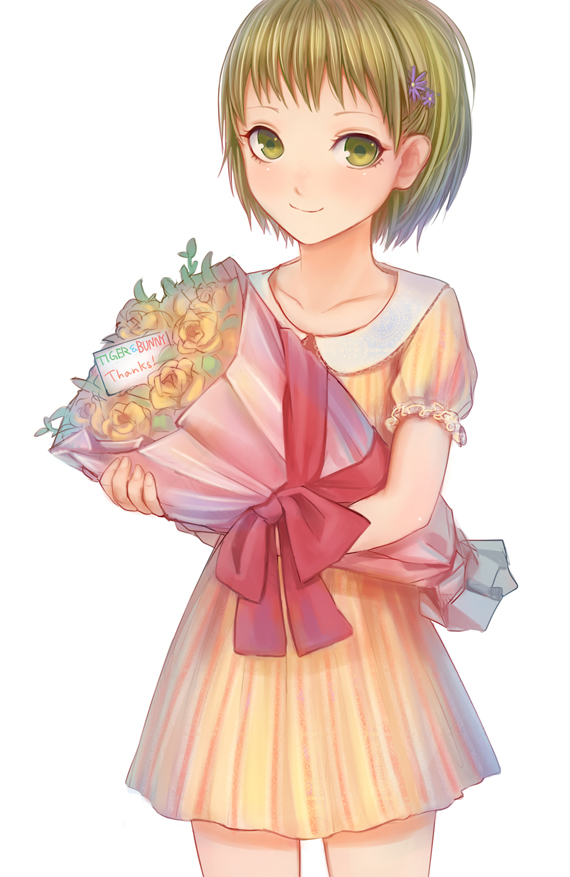 bouquet, dress, flower, green_eyes, hair_ornament, huang_baoling, short_hair, simple_background