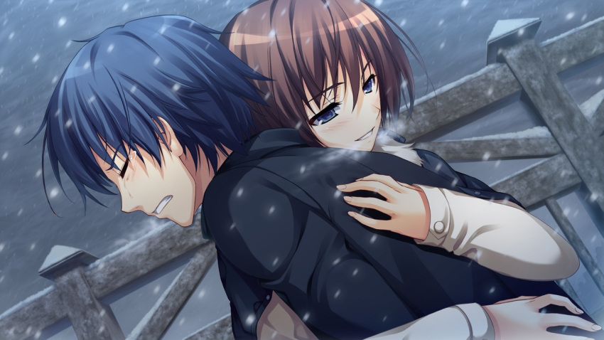 blue_eyes, blue_hair, brown_hair, crying, game_cg, koi_de_wa_naku, makishima_yumi, male