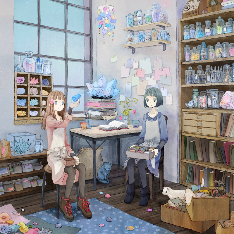apron, black_hair, blue_hair, book, brown_hair, cat, chair, crystal