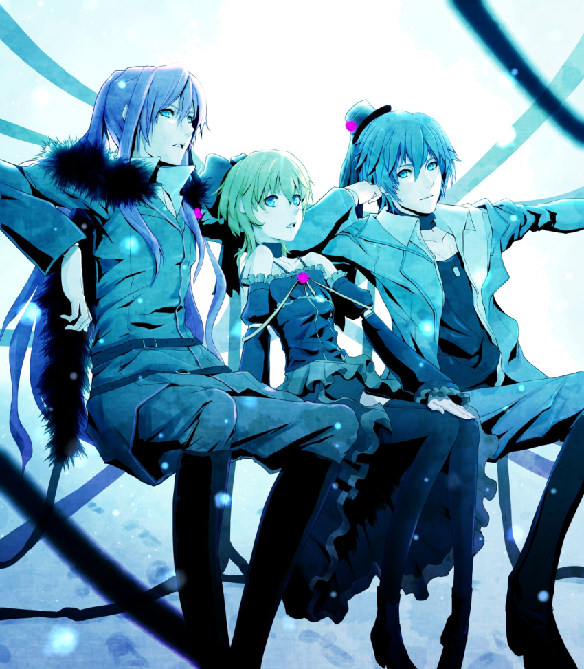 aqua_eyes, arm_support, blonde_hair, blue, blue_hair, blurry, crossdressinging, depth_of_field, hat, highres, imitation_black_(vocaloid), kagamine_len, kaito, kamui_gakupo, magzz, mini_top_hat, multiple_boys, short_hair, top_hat, trap, vocaloid