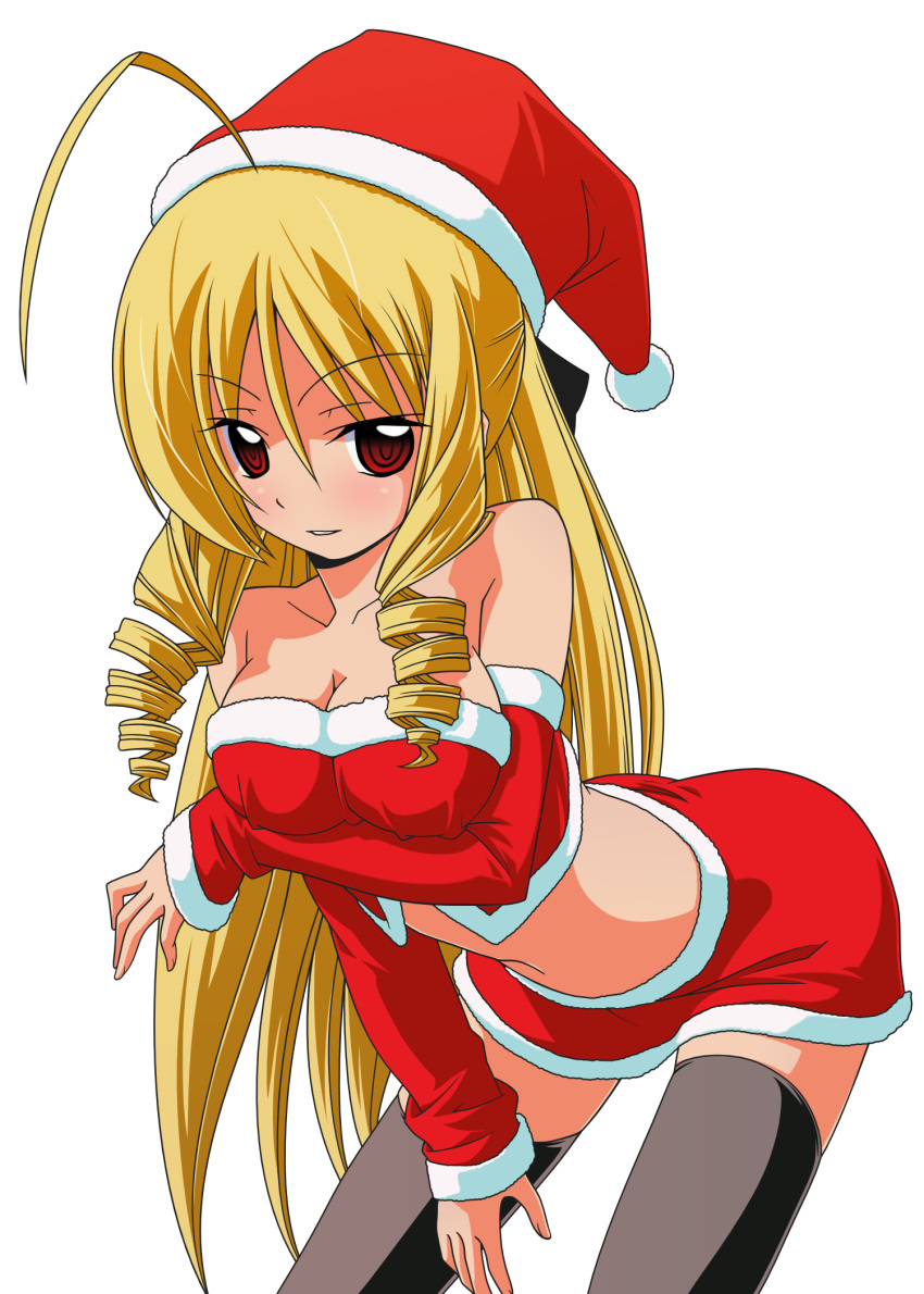 1girl, absurdres, ahoge, bare_shoulders, black_legwear, blonde_hair, breast_hold, breasts, christmas, cleavage, drill_hair, hayate_no_gotoku!, highres, long_hair, red_eyes, santa_costume, simple_background, smile, tennousu_athena, tennousu_athene, thigh-highs, thighhighs, transparent_background, twin_drills, vector_trace, white_background, zettai_ryouiki