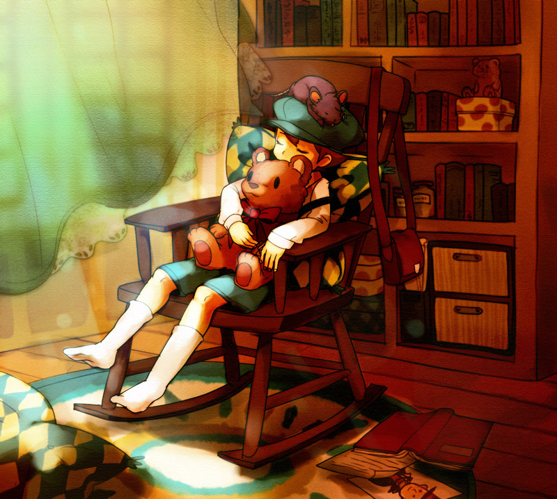 031103, cat, child, closed_eyes, eyes_closed, hat, hershel_layton, luke_triton, oru_(hone_oru), professor_layton, stuffed_animal, stuffed_toy, teddy_bear