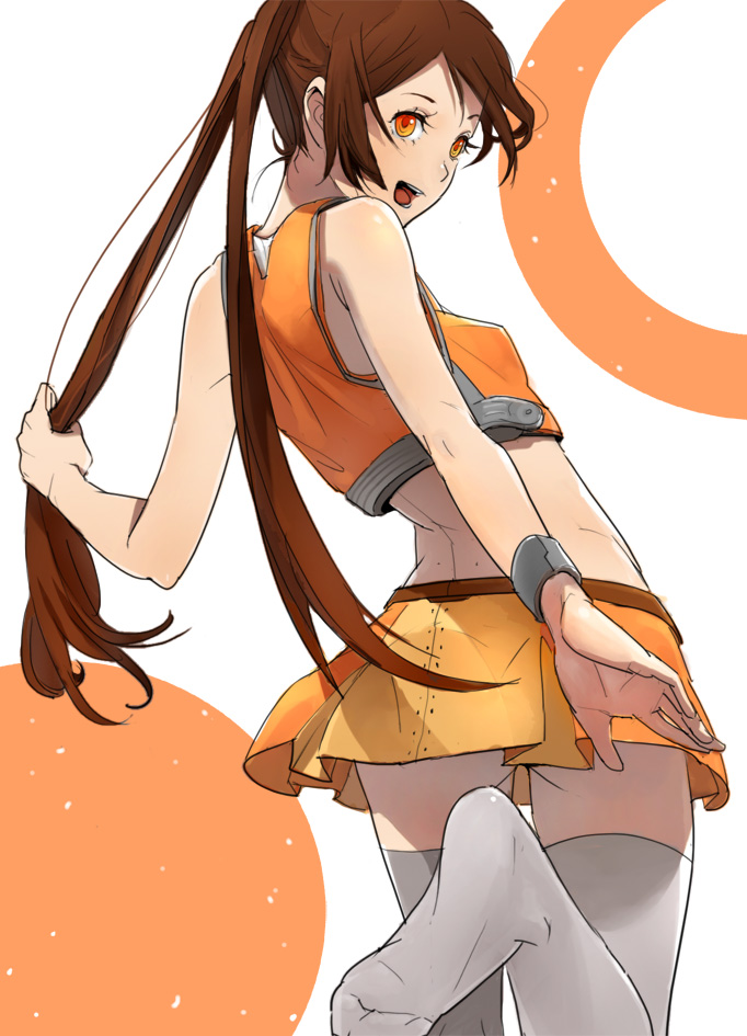 5362, brown_hair, feet, from_behind, hands, long_hair, looking_back, midriff