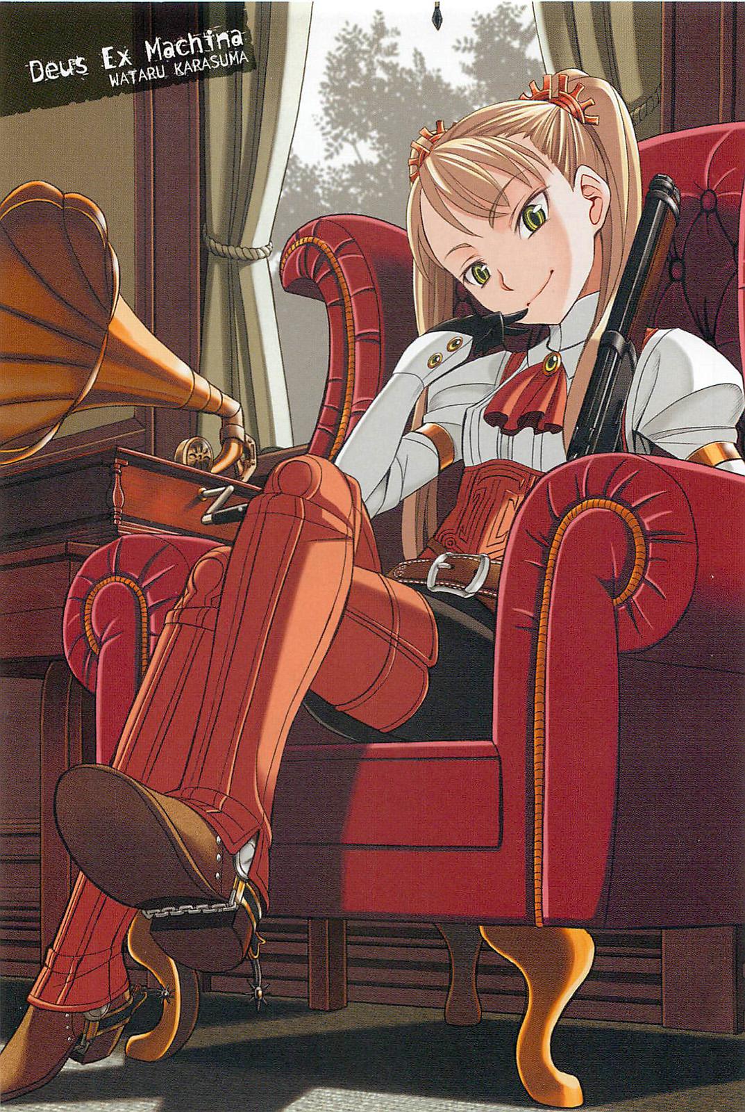 belt, blonde_hair, boots, chair, corset, cowboy_boots, crossed_legs, deus_ex_machina