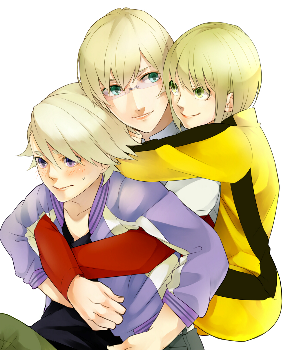 barnaby_brooks_jr, blonde_hair, blush, bruce_lee's_jumpsuit, bruce_lee's_jumpsuit, glasses, green_eyes, highres