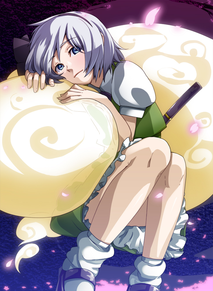 blue_eyes, blush, ghost, hair_ribbon, hairband, head_rest, hitodama, katana