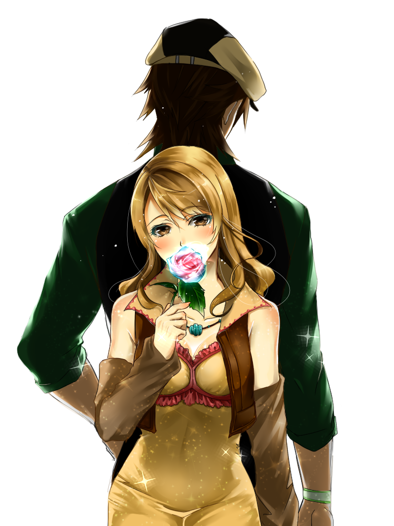 bad_id, blonde_hair, blue_rose, brown_eyes, brown_hair, cabbie_hat, detached_sleeves, dress