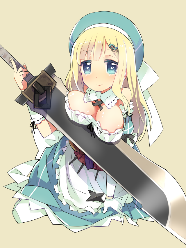 bare_shoulders, blonde_hair, blue_eyes, blush, breast_rest, breasts, detached_collar, dress, gloves, hat, kneeling, kuma_jet, large_breasts, long_hair, looking_at_viewer, senran_kagura, shuriken, simple_background, single_elbow_glove, single_glove, smile, solo, sword, weapon, white_gloves, white_legwear, yomi_(senran_kagura)