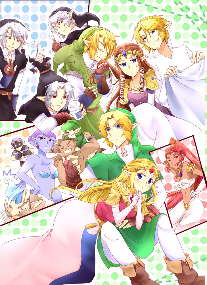 blue_eyes, bottle, brown_hair, closed_eyes, dark_link, darunia, earrings, epona