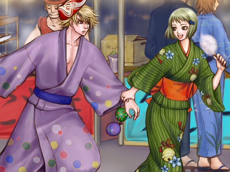 blonde_hair, flower, green_eyes, hair_ornament, hairclip, huang_baoling, ivan_karelin, japanese_clothes, kimono, kotobuki_jun, mask, purple_eyes, short_hair, tiger_&amp;_bunny, violet_eyes, yukata