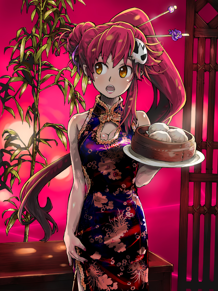 :o, alternate_costume, asymmetrical_hair, bamboo, bamboo_steamer, bare_shoulders, breasts, china_dress