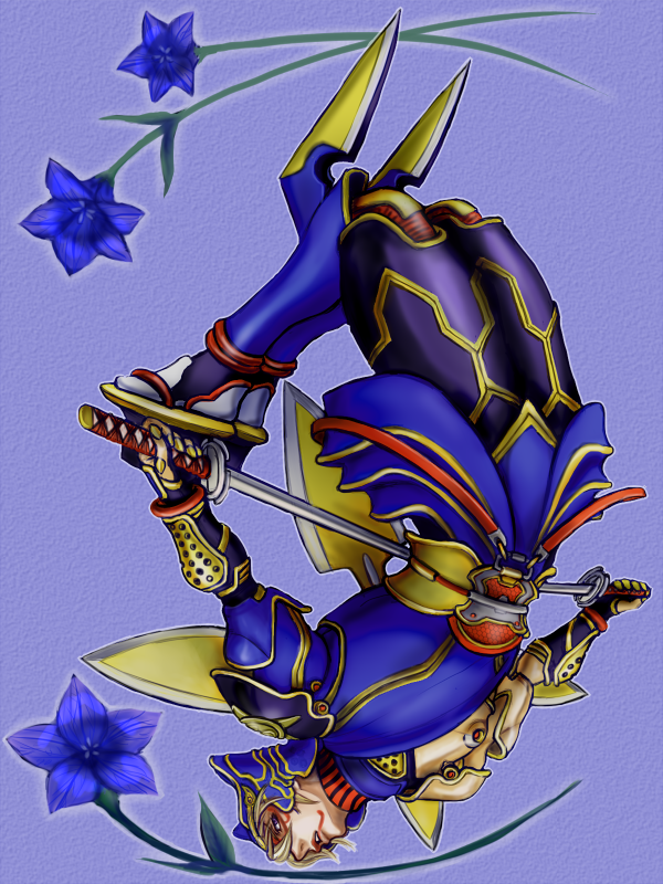armor, blonde_hair, dual_wielding, facepaint, flower, geta, ivan_karelin, katana, kotobuki_jun, male, origami_cyclone, purple_eyes, short_hair, shuriken, solo, superhero, sword, tabi, tiger_&amp;_bunny, upside-down, violet_eyes, weapon