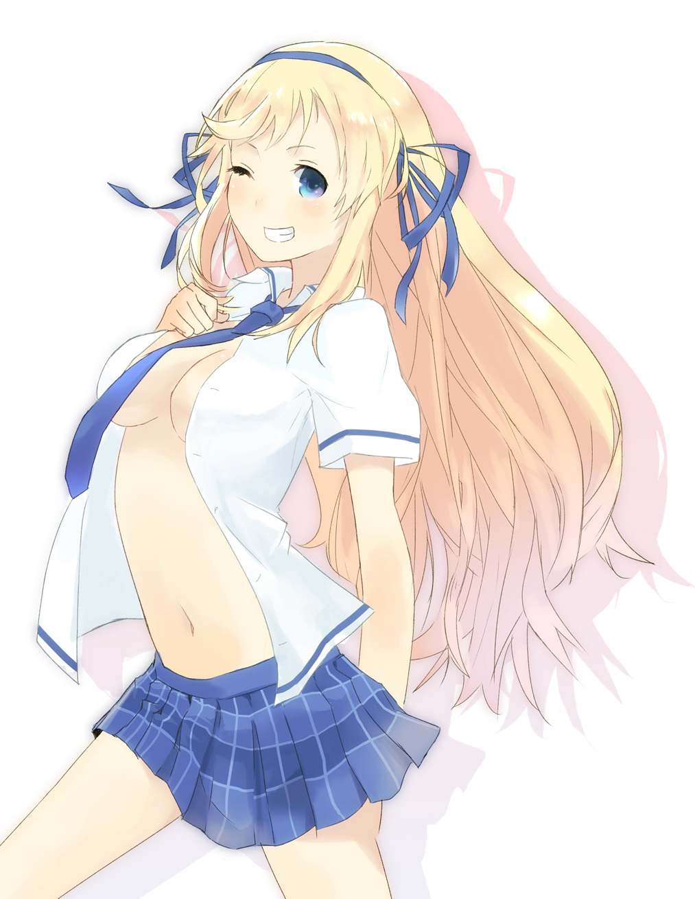 blue_eyes, blush, breasts, cleavage, grin, hair_ribbon, hair_ribon, hand_on_own_chest, hand_to_chest, highres, katsuragi_(senran_kagura), long_hair, navel, necktie, no_bra, open_clothes, open_shirt, plaid, plaid_skirt, ribbon, rikkukku, senran_kagura, shirt, simple_background, skirt, smile, solo, wink