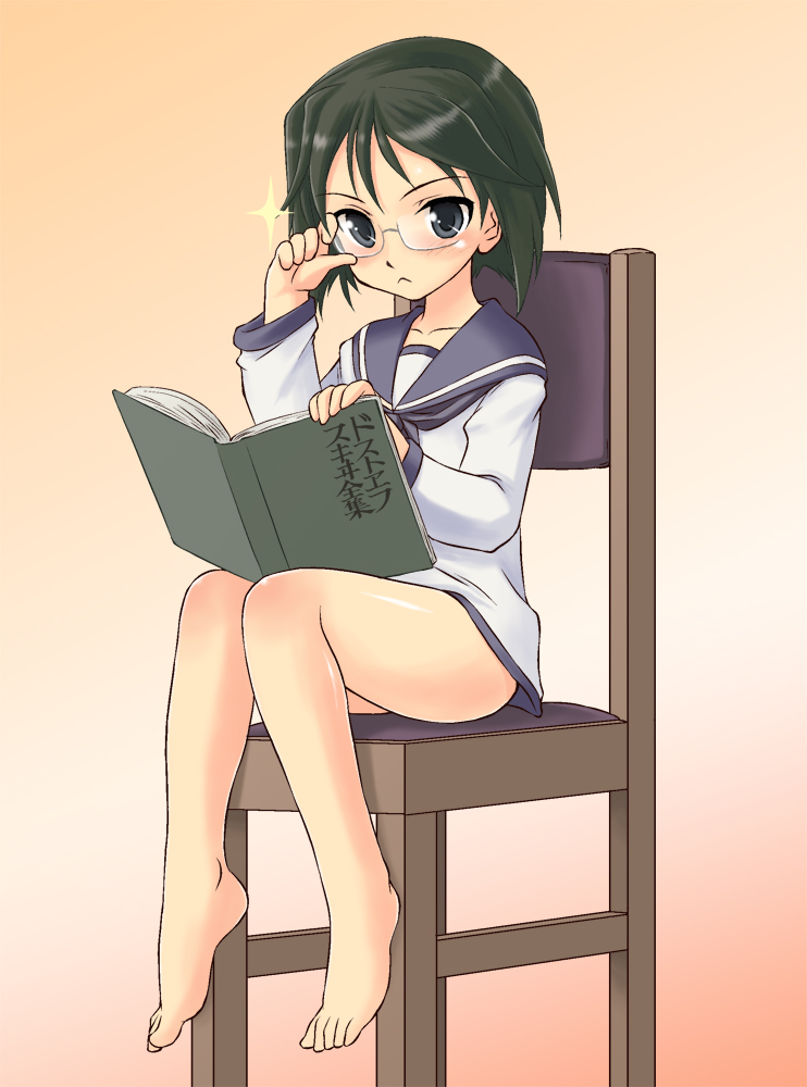 adjusting_glasses, bare_legs, barefoot, bespectacled, black_hair, blue_eyes, book, chair