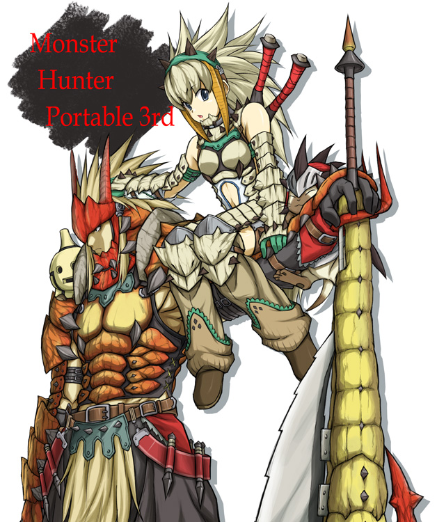alternate_color, barioth_(armor), belt, boots, capcom, character_request, creature, felyne, gauntlets, gloves, grey_eyes, hand_on_head, height_difference, helmet, huge_weapon, itouei, long_hair, male, monster_hunter, monster_hunter_portable_3rd, payot, rathalos_(armor), size_difference, spiked_hair, spiky_hair, switch_axe, sword, weapon, white_hair