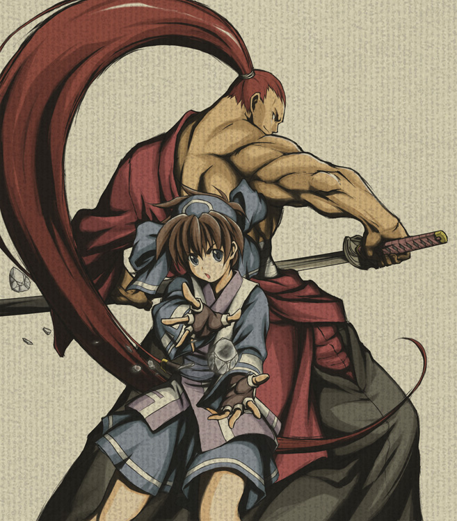 1boy, 1girl, ainu_clothes, blue_eyes, brown_background, brown_hair, fingerless_gloves, gloves
