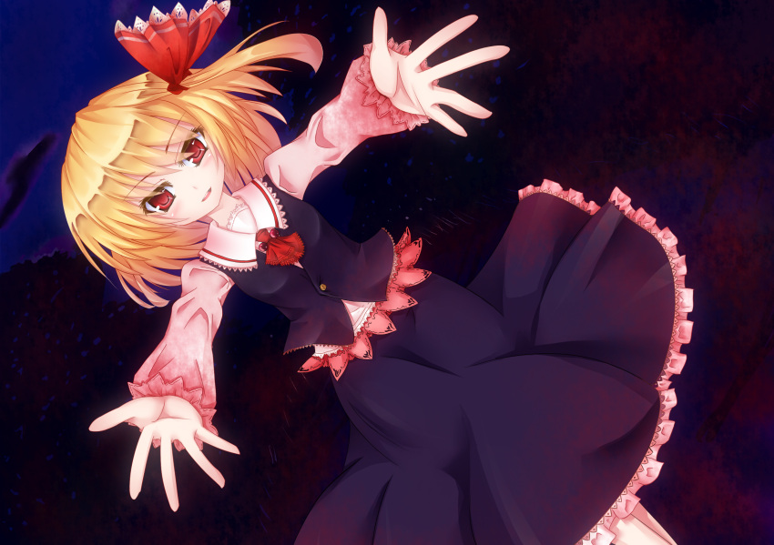 bad_id, blonde_hair, fang, hair_ribbon, highres, outstretched_arms, red_eyes, ribbon