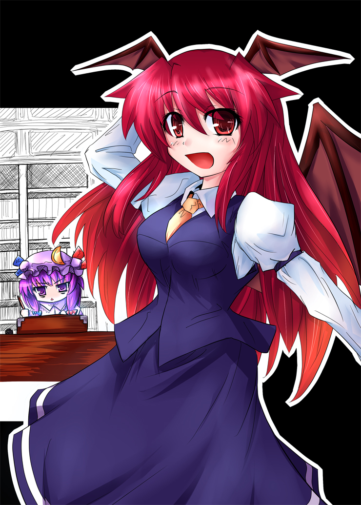 :<, :d, arm_behind_head, arm_garter, bad_id, bat_wings, book, bookshelf