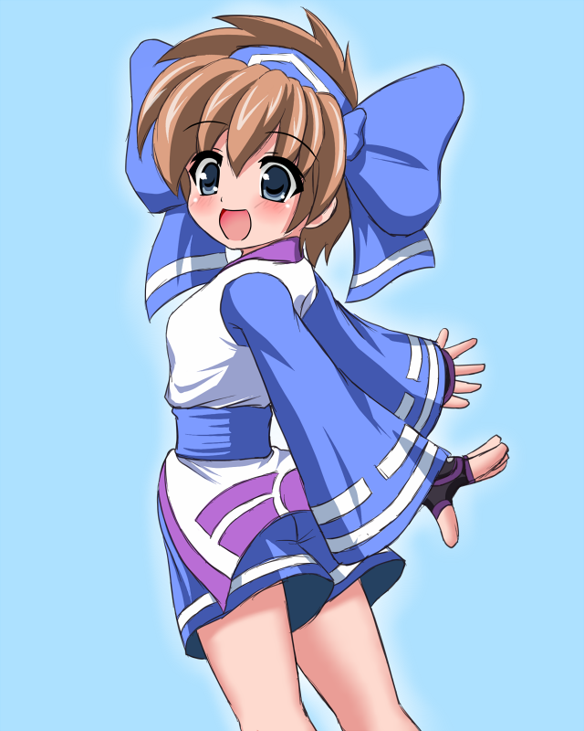 :d, aqua_background, blue_eyes, blush, brown_hair, fingerless_gloves, gloves, hair_ribbon