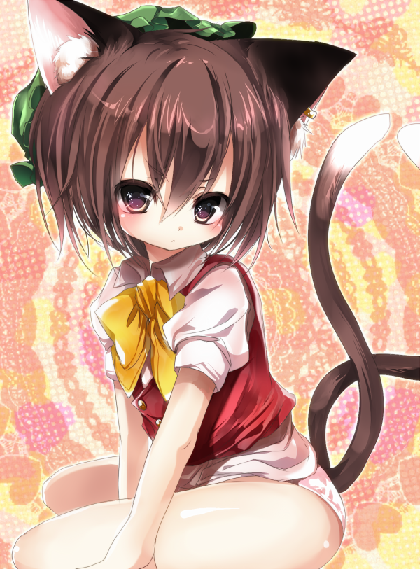 animal_ears, bad_id, brown_eyes, brown_hair, cat_ears, cat_tail, chen, emia