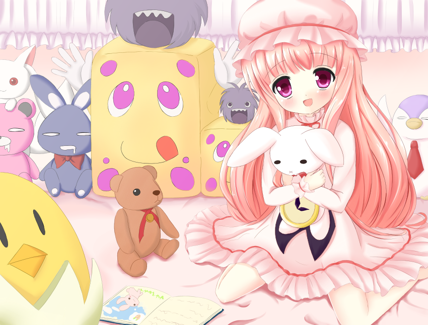 hakamada_hinata, hat, hug, kyubey, long_hair, mahou_shoujo_madoka_magica, nightgown, pink_eyes
