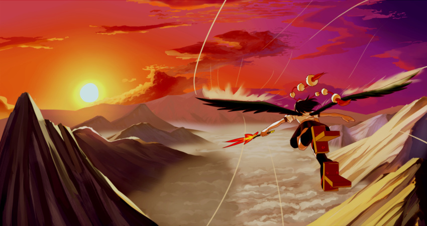 black_hair, black_wings, cloud, dress_shirt, fan, flying, fog, footwear, from_behind, geta, hat, highres, leaf, mountain, red_eyes, ribbon, sandals, shameimaru_aya, shirt, short_hair, skirt, sky, socks, solo, sun, tahoo, tengu-geta, tokin_hat, touhou, wings