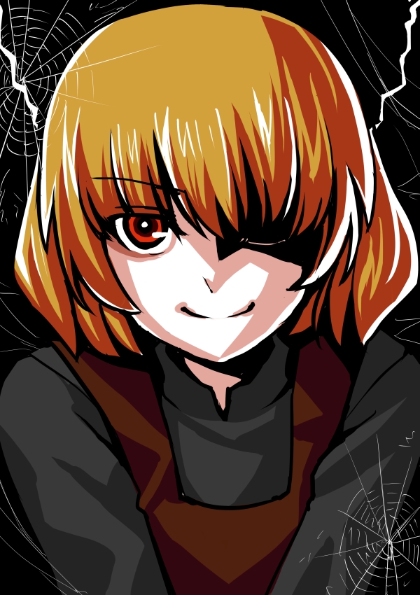 bad_id, blonde_hair, brown_eyes, hair_over_one_eye, karute, kurodani_yamame, short_hair, smile
