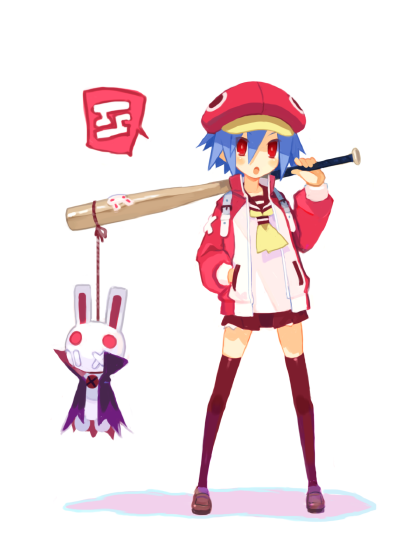 blue_hair, bunny, cap, cape, cosplay, disgaea, flat_chest, harada_takehito, hat, jacket, kazamatsuri_fuuka, kazamatsuri_fuuka_(cosplay), open_clothes, open_jacket, open_mouth, original, pleinair, pointy_ears, prinny, rabbit, red_eyes, sailor_fuku, school_uniform, serafuku, short_hair, skirt, thigh-highs, thighhighs, usagi-san, valvatorez_(cosplay), zettai_ryouiki