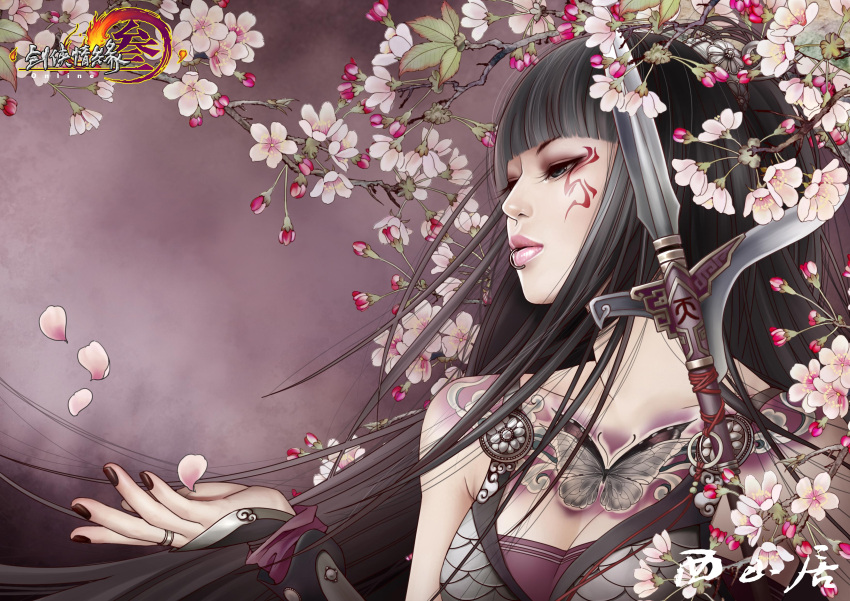 bangs, black_hair, blunt_bangs, butterfly, flower, highres, jianxia_qingyuan_3, lips